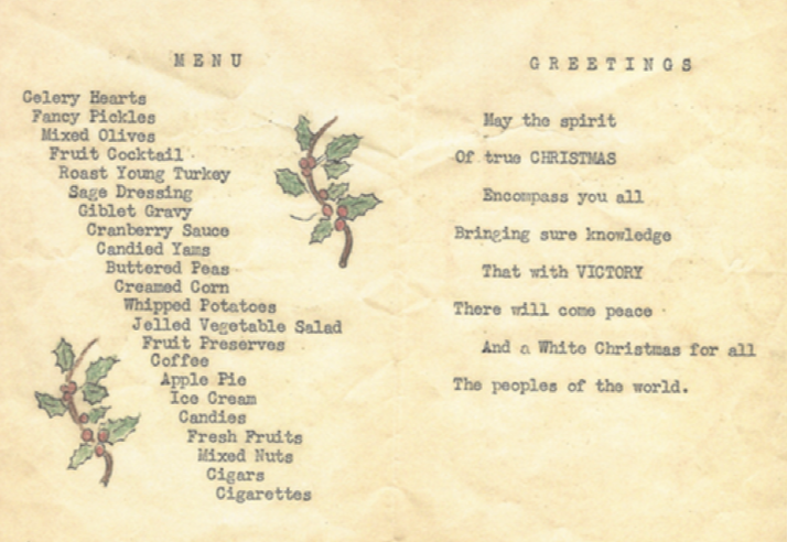1942 Christmas Dinner Menu from the 280th Signal Pigeon Company, Camp Claiborne, Louisiana